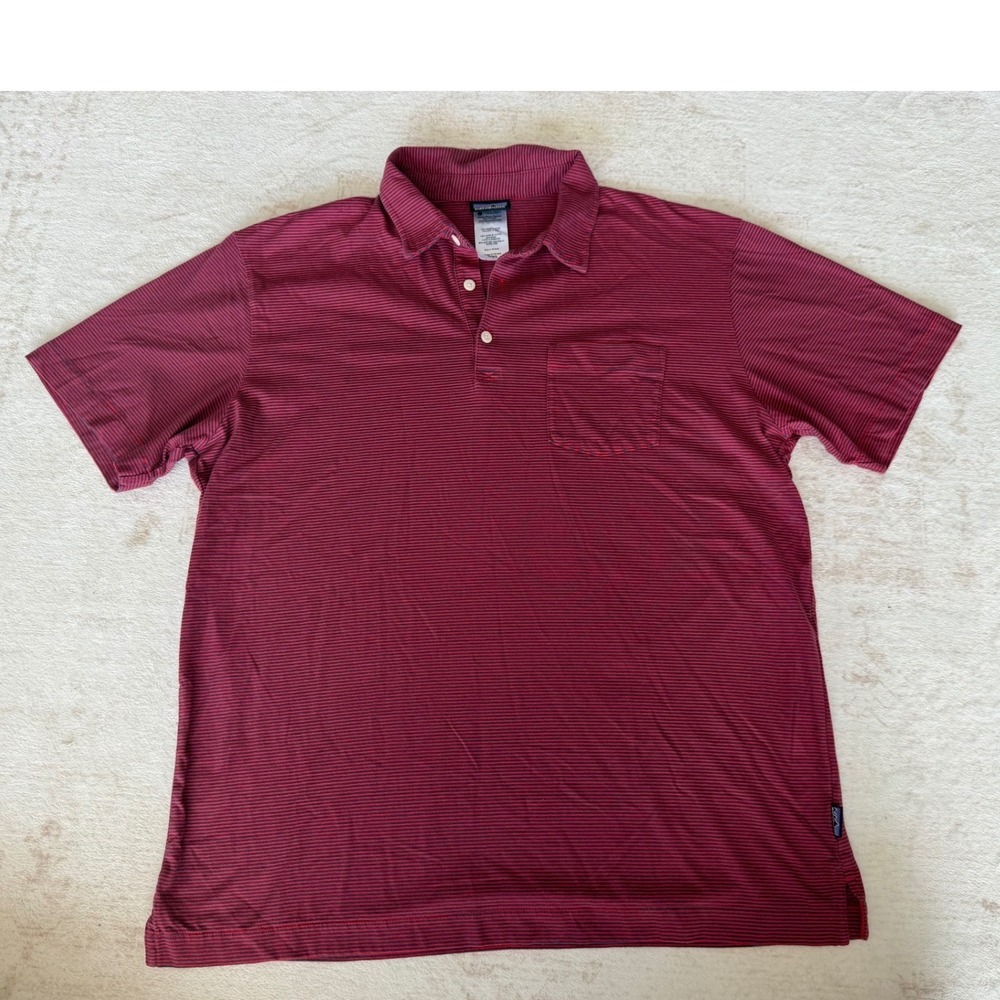 Patagonia Mens Organic Cotton Striped Polo Shirt Red Navy Blue Large Pocket